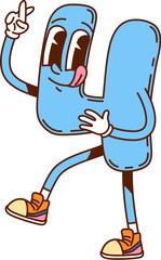 Groovy math number four character. Isolated cartoon vector whimsical funny digit 4 personage with googly eyes and sticking tongue. Hilarious numeric symbol brings laughter to equations and education