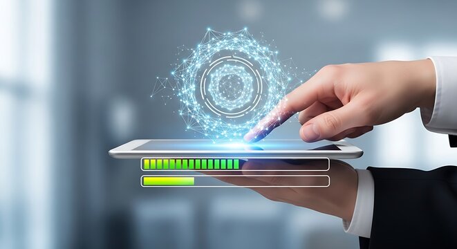 Human hand interacting with a glowing digital tablet displaying a network sphere and progress bars, symbolizing connectivity.