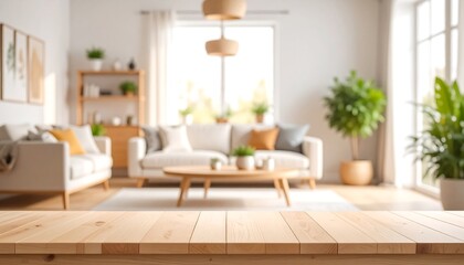 Blurred cozy living room with wooden table top