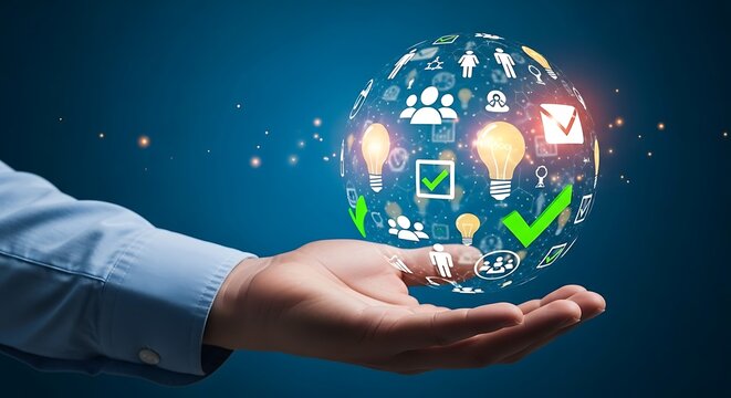 Businessman's hand holding a glowing digital globe with diverse business idea, team, and success icons.
