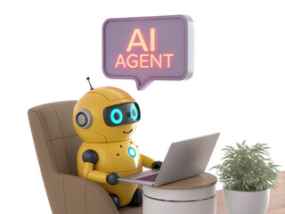 Friendly yellow robot ai agent working on a laptop in a comfortable chair isolated on transparent background