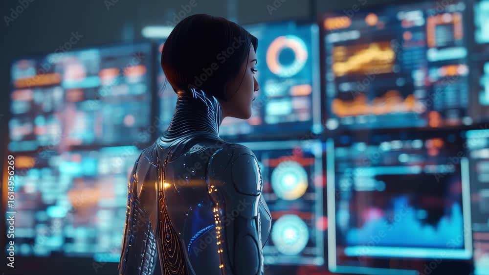 Aufkleber a humanoid robot woman analyzes digital screens filled with data metrics and graphs in a modern cont