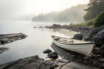 Serene Morning Fog Over Tranquil Lake with Wooden Boat on Rocky Shoreline