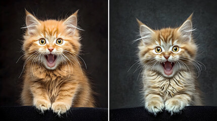 Side-by-side images of a ginger kitten with an open mouth, showcasing a color comparison.  The kitten is posed in a similar stance in both images, with a slightly different tone in each