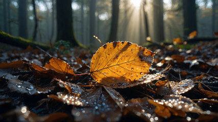 Golden Leaf in a Forest with Water Droplets and Sunlight