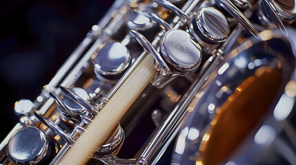 Fototapeta premium Close-up of a polished saxophone's intricate keywork. Details of metal keys, levers, and a light-colored reed are visible