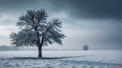 A Frosted Tree Stands Alone In A Snowy Field