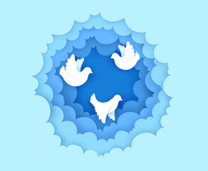 Peace dove and pigeon paper cut birds in clouds vector background. Origami silhouettes of flying white dove birds in 3d round frame of blue cloud sky paper cut layers. World Peace Day card with pigeon