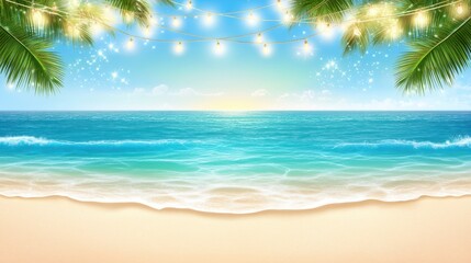 Obraz premium Tropical Beach Sparkle: A sun-kissed beach scene is framed by palm fronds and twinkling lights, creating a festive tropical paradise perfect for vacation or relaxation.