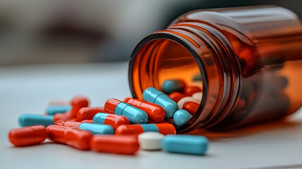 Capsules and tablets pouring from a brown medicine bottle.