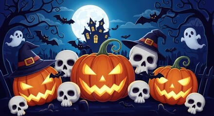 Spooky halloween scene with glowing pumpkins skulls ghosts and haunted castle under a full moon