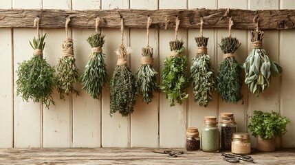 Flat lay of herb bundles hanging upside down to dry beside spice jars and scissors, cream wall and wooden board base with negative space for title placement
