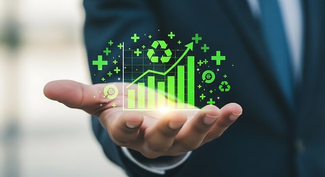 Businessman's hand holding a glowing green bar chart with an upward arrow and eco-friendly icons, symbolizing sustainable growth.