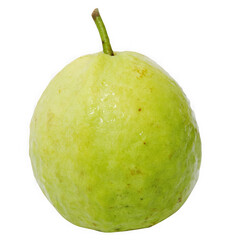 A single ripe green guava fruit with a short stem is presented isolated on transparent background showcasing its textured skin and healthy appearance