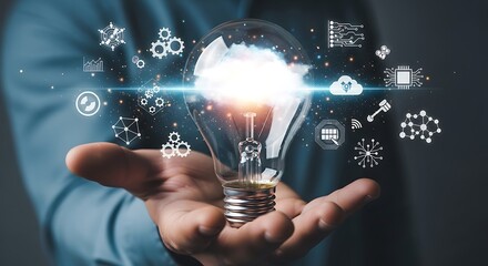 Human hand holding a glowing light bulb with a cloud inside, surrounded by various futuristic technology and AI icons.