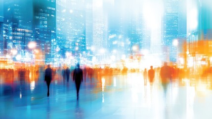Fototapeta premium Urban Silhouette: A mesmerizing blurred cityscape scene, capturing the rush and bustle of city life with silhouetted figures. Illustrating modern urban dynamics, movement.