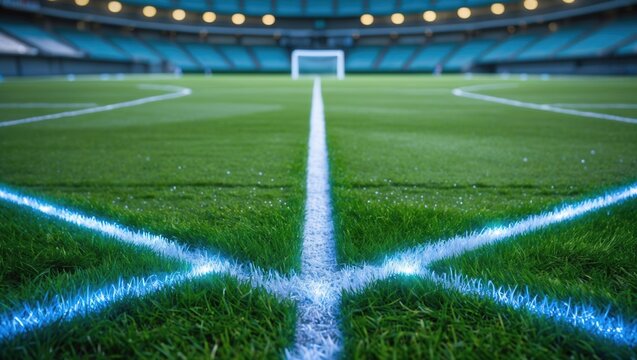Close-up view of a soccer field with bright white lines and an empty stadium in the background - Powered by Adobe