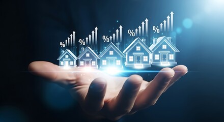 Open hand holding a row of glowing holographic house icons with ascending percentage signs and upward growth arrows, symbolizing real estate market boom.