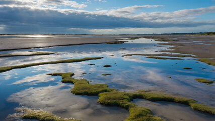 Serene Coastal Landscape with Sky and Water Reflections
