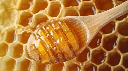 Wooden honey pot on a white honeycomb. Natural organic honey with a golden color