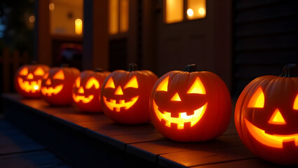Obraz premium Halloween Row of smiling pumpkins glowing on a dark wooden porch, soft yellow candlelight radiating from inside (1)