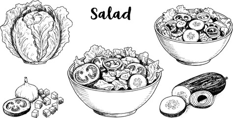 Black and white sketch of a salad bowl with various vegetables.