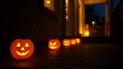 Fototapeta premium Halloween Row of smiling pumpkins glowing on a dark wooden porch, soft yellow candlelight radiating from inside (3)