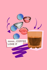 Vertical pop poster banner collage of happy mouth drink coffee beverage glass euro coin currency payment barista bliss latte