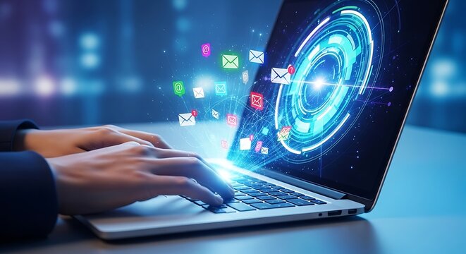 Hands typing on a laptop with a dynamic glowing digital ring and an array of colorful email and message icons flowing from the screen, symbolizing communication.