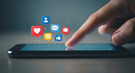 Finger touching a smartphone screen with vibrant social media icons like hearts, chat bubbles, and user profiles floating dynamically above it.