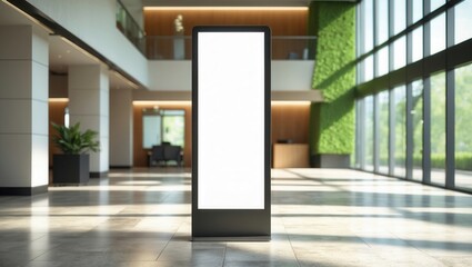 Empty indoor space featuring a large blank advertisement display surrounded by modern architecture