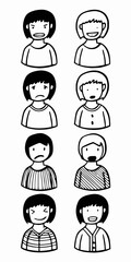 Minimilist doodle style drawing featuring eight different characters with varying expressions and clothing designs vector