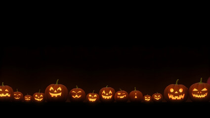 Halloween Silhouette of glowing pumpkins at the bottom edge, orange light fading into a solid black background, providing copy space for Halloween (4)