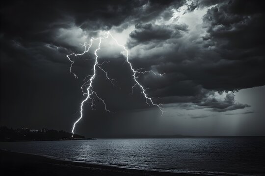 Electrifying storm over the ocean with brilliant lightning bolts splitting the dark clouds