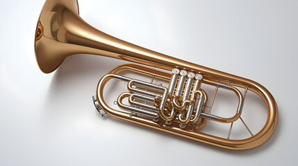 Obraz premium Gold colored brass instrument, likely a cornet or trumpet, angled view. Complex valve system visible. High polish finish