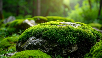 Lush green moss thickly covers a stone in a sun-dappled forest