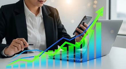 Businesswoman working at a desk with a laptop and smartphone, overlaid with a vibrant glowing green upward-trending line graph and blue bar chart, symbolizing financial growth and success.