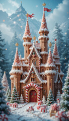 Fototapeta premium Whimsical gingerbread castle in a snowy winter wonderland forest
