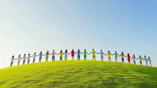 People join hands while standing together on a grassy hill beneath a sunny sky, showcasing unity with nature and togetherness