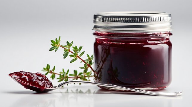 Minimalist product layout with plum preserve jar and only two props: spoon and herb twig, white background - Powered by Adobe