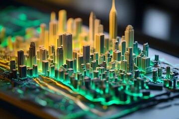 Glowing miniature city on an intricate electronic landscape represents interconnected digital innovation.