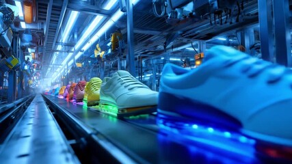 Vibrant sneakers move along a production line in a factory, highlighting innovative designs and advanced manufacturing processes