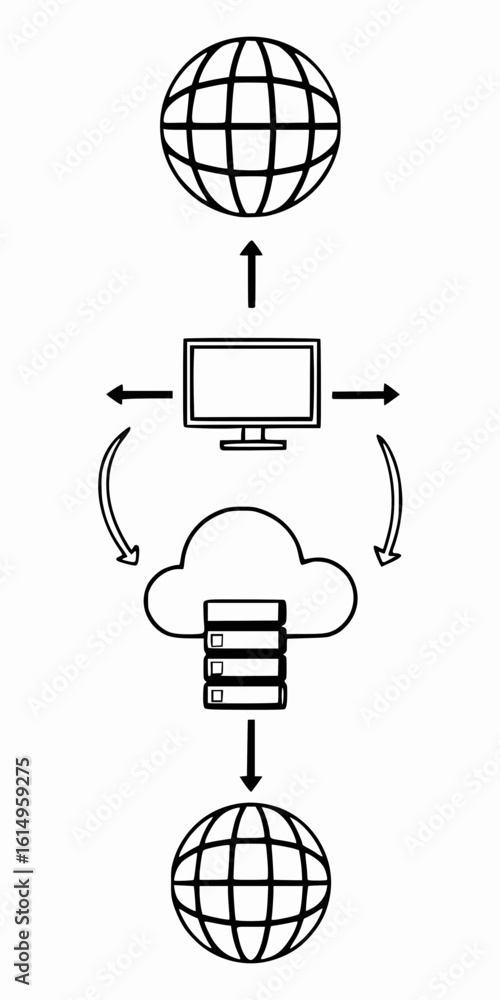Aufkleber minimilist network diagram showing data flow between globes, cloud, and computer with arrows indicat