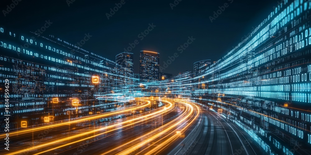Poster digital highway connecting an urban future, technology driven city with high speed data stream ahead