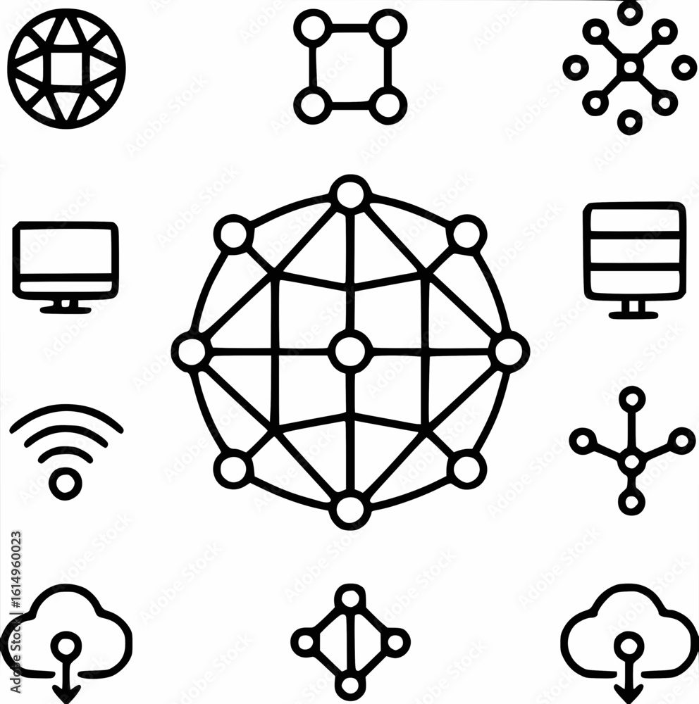 Aufkleber minimilist illustration of networking icons featuring globe, computer, cloud, server, wifi and conne