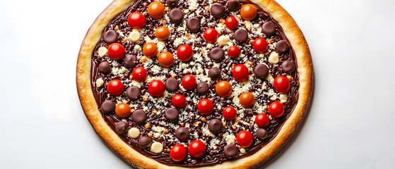 Chocolate pizza on a white backdrop