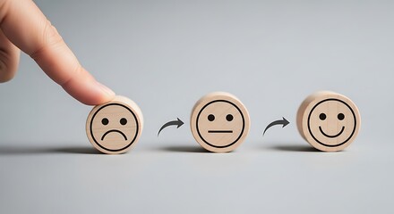 Customer feedback evolution from sad to happy faces on wooden blocks