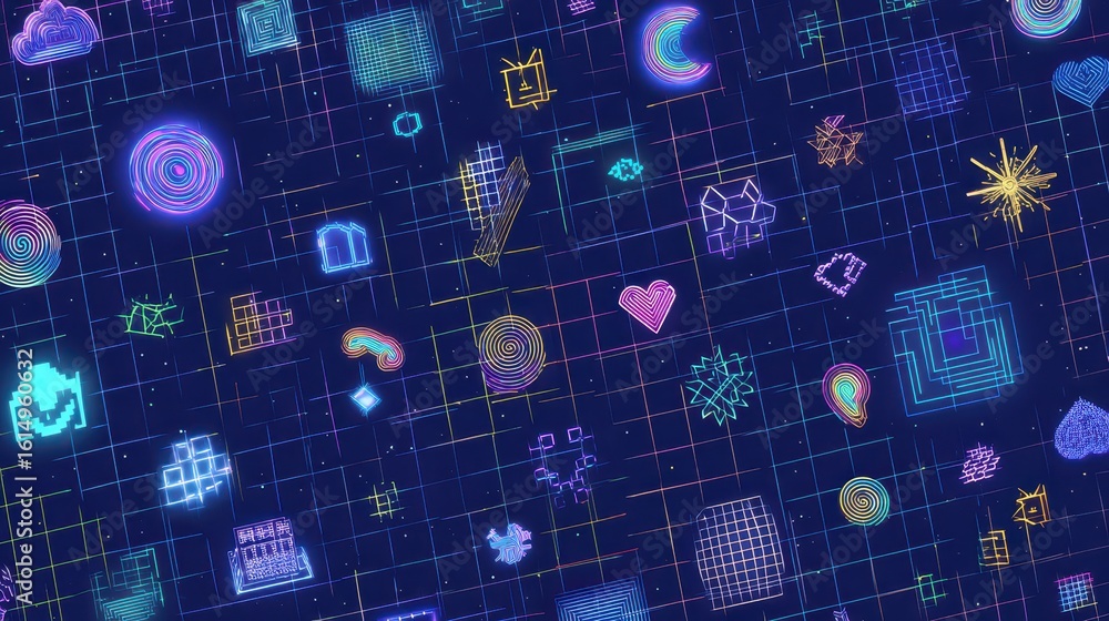 Poster abstract digital art with an array of textured symbols on a dark blue, grid-like background
