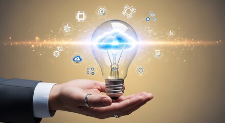 Businessman's hand holding a glowing light bulb with a digital cloud inside, surrounded by various technology and artificial intelligence icons.