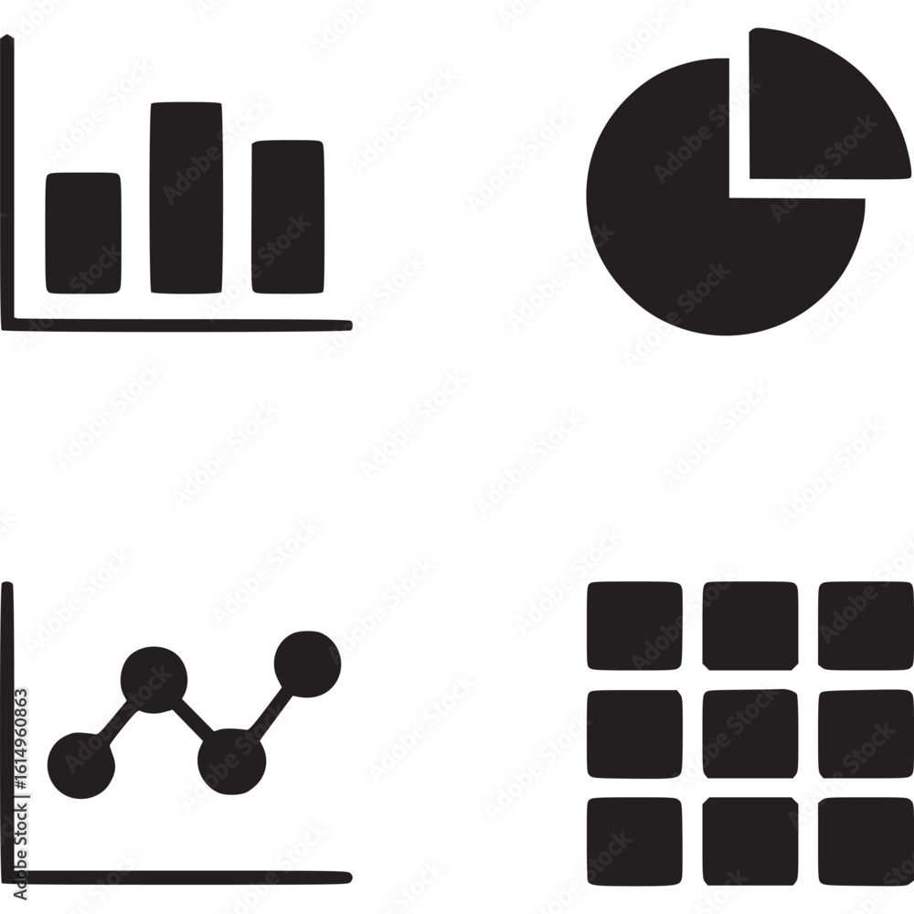 Poster illustration showcasing four distinct data visualization icons on a light gray background plain desi